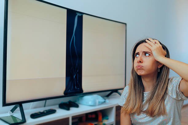 Sad lady feeling disappointing about the destruction of her home appliance